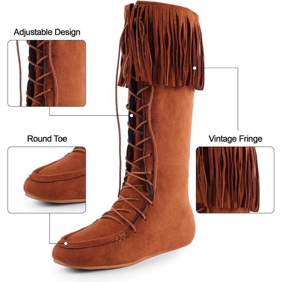 ⚡Women's Brown Lace Up Suede Knee High Flat Boots with Zipper Mid Calf - Picture 4 of 6